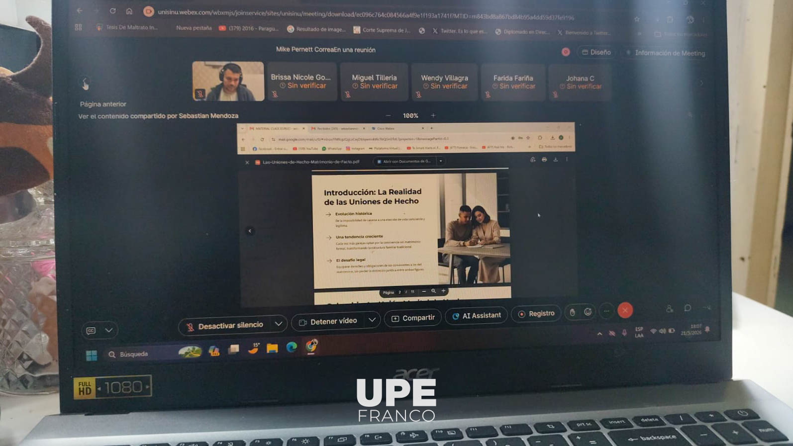 UPE Franco y Universidad del Sinú desarrollaron Clase Espejo Internacional sobre Derecho de Familia